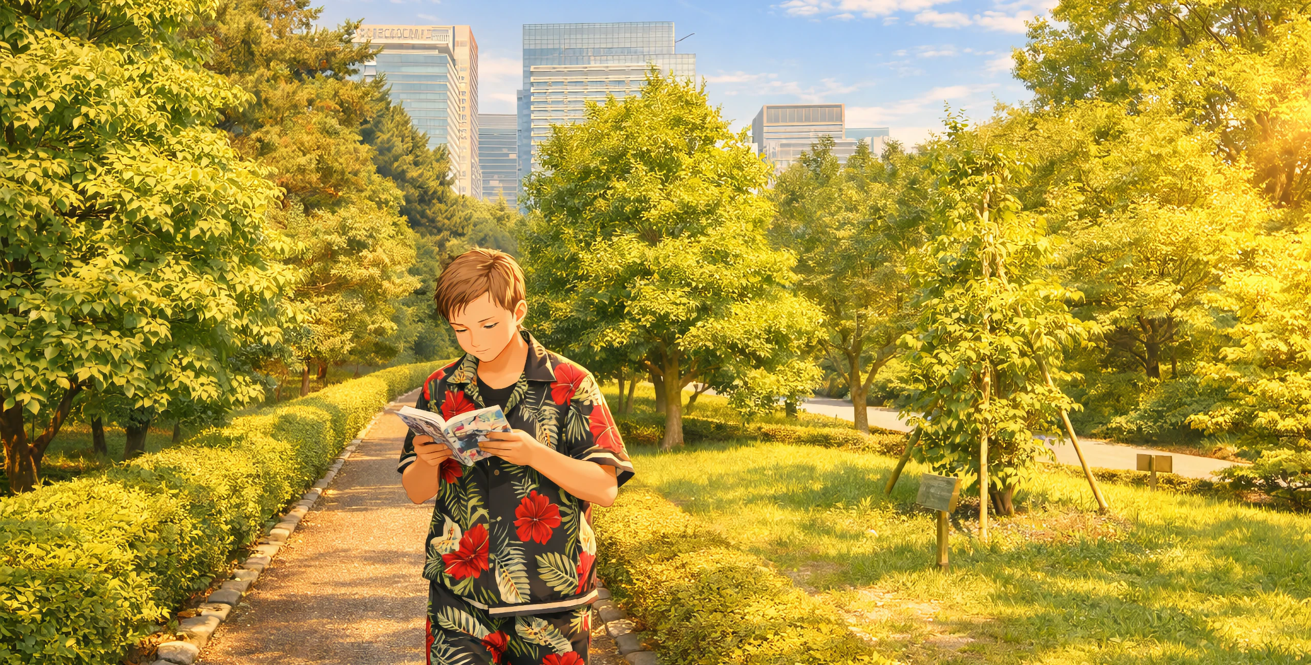 Foto aus dem Kaisergarten in Tokio mit einem jungen Mann, der einen Manga liest