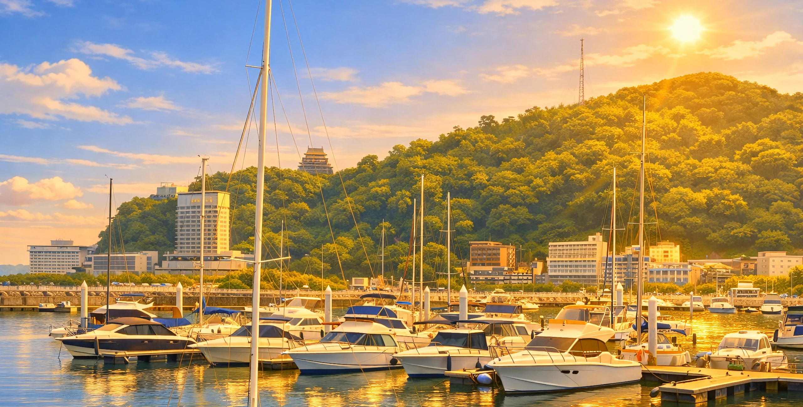 Foto des Yachthafens in Atami, Japan, mit Hügellandschaft und Tempel im Hintergrund