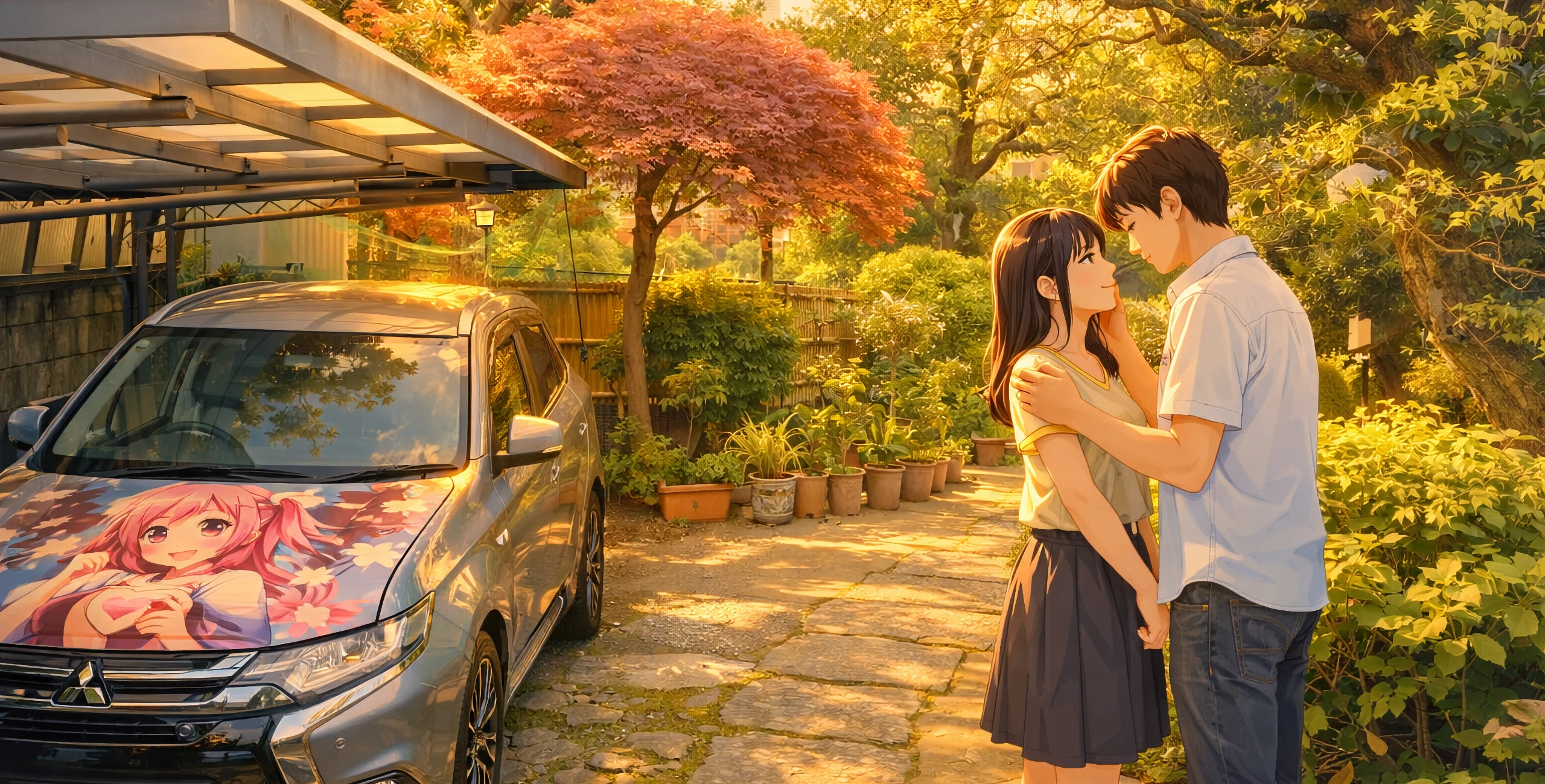 Foto eines Hauses in Tokio mit einem Itasha-Auto davor und einem jungen Liebespaar rechts im Bild